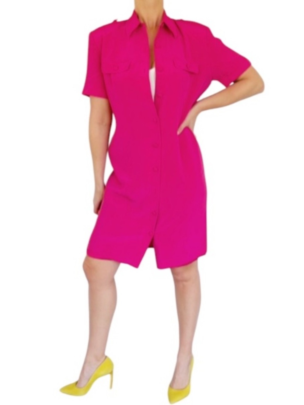 August Silk pink 100% silk collared button up front short sleeve dress size 10